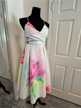 ASOS White Floral Midi Dress with Pink & Green Print